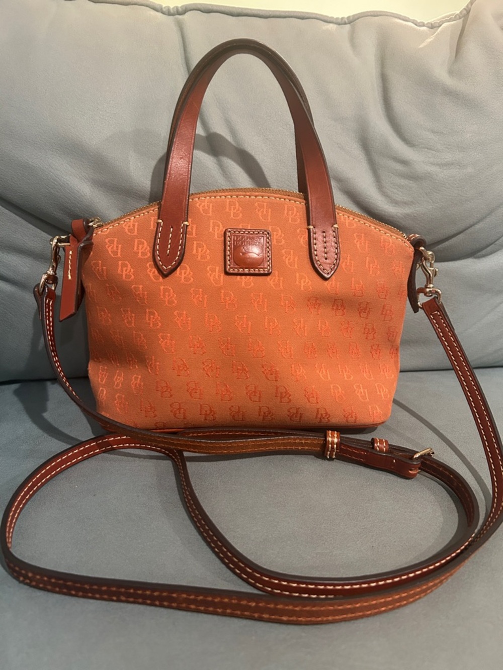 Dooney & Bourke Ruby Mini Satchel Orange Logo Dome Crossbody with Brown Trim